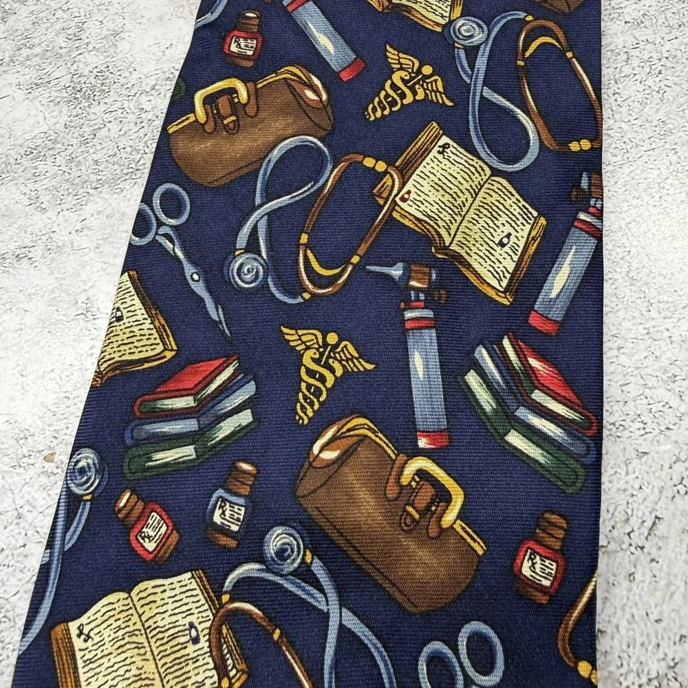 VTG Alynn Neckwear Silk Tie Mens One Size Blue Medical Doctor 100% Silk Made USA
